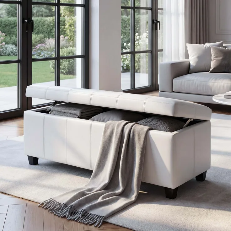 Aufbewahrungs-Truhe Sitzbank Kriens, Leder + Kunstleder, 112x45x45cm MVG-zertifiziert ~ weiß