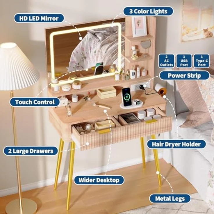 GarveeHome Beleuchteter Schminktisch mit Spiegel, 80 cm (31,5 Zoll) LED-Beleuchtung, 2 Schubladen, 3 Farblichtmodi und integrierter Steckdose für mehr Stauraum und Ordnung im Schlafzimmer – Bild 7