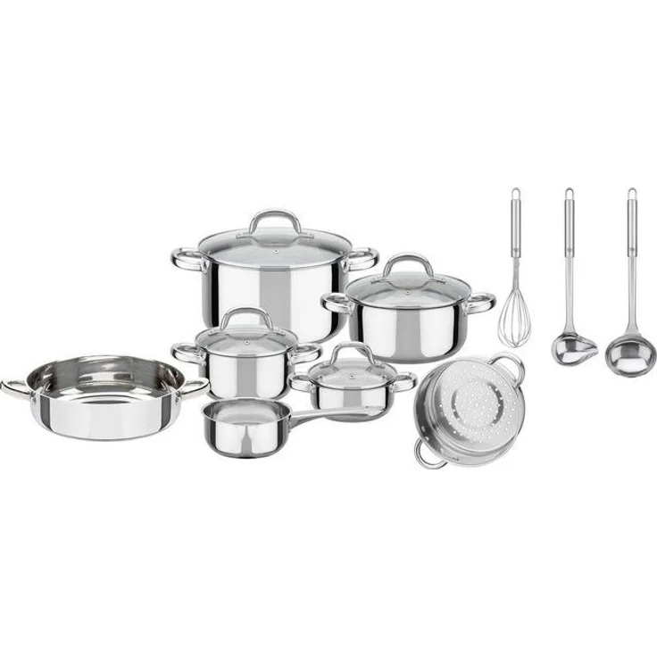 GSW Topf-Set Montreal, Edelstahl (Set, 14-tlg, Kochtopf 14/16/20/24 cm, Stielkasserolle 14 cm, Pfanne 24 cm, Einsatz), Induktion – Bild 2