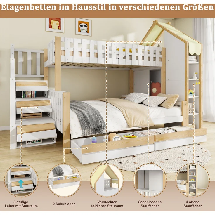 Etagenbett 90x200 cm + 140x200 cm mit Hausdach-Design, Sicherheitsgeländer, Stauraumleiter, offenen Fächern & 2 Schubladen – Bild 8