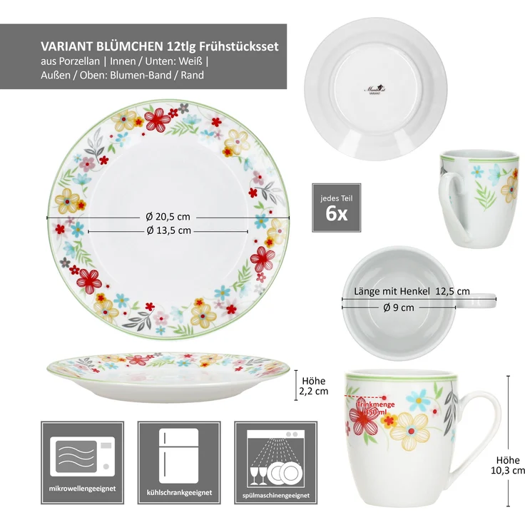 12tlg Frühstücksset Variant Blümchen Porzellan 6 Personen Teller klein Kaffeebecher – Bild 8