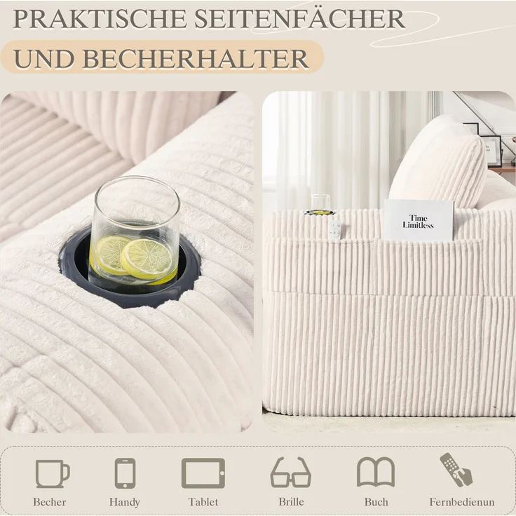 2-Sitzer Sofa, Cord mit Seitenfächern & Becherhaltern, 158x93x61 cm, Beige – Bild 8