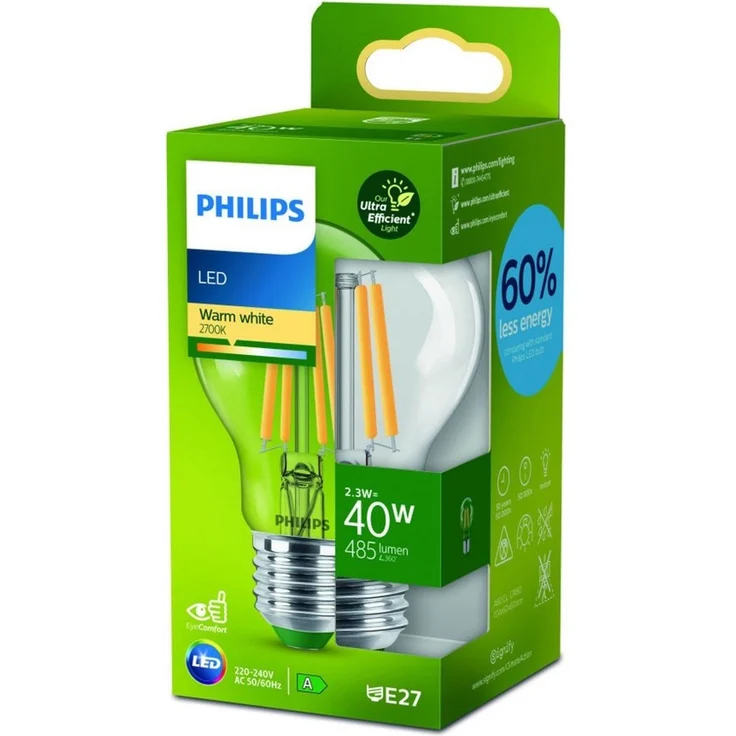 Philips LED Classic ultraeffiziente E27 Lampe (40 W), LED Lampe mit warmweißem Licht, energiesparende Lampe mit langer Nutzlebensdauer, Energieeffizienzklasse A, Klar – Bild 1