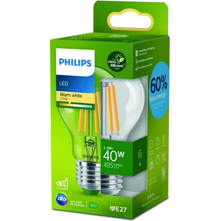 Philips LED Classic ultraeffiziente E27 Lampe (40 W), LED Lampe mit warmweißem Licht, energiesparende Lampe mit langer Nutzlebensdauer, Energieeffizienzklasse A, Klar