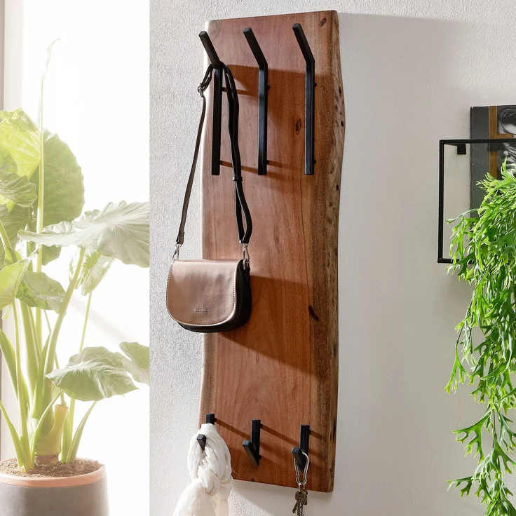Wohnling Wandgarderobe Akazie Massivholz Metall Hakenleiste 2-reihig 35,5x100x11cm Braun – Bild 4