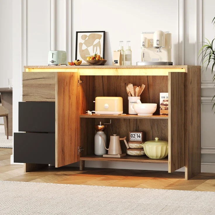 Merax Sideboard, Küchenschrank, Kommode mit 3 Schubladen und 2 Türen, Mehrfarbige LED-Lichteffekte, Buffetschrank für Wohnzimmer, Esszimmer, Holzfarbe&Schwarz – Bild 2