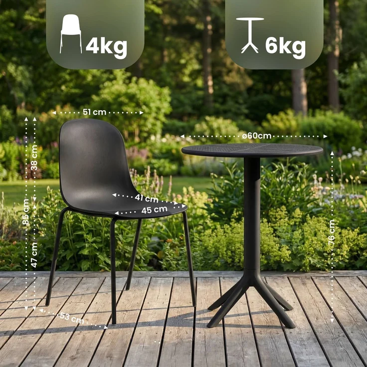 Gartenmöbel-Set ELLA mit 2 Stühlen - 162 x 60 x 85 cm, Kunststoff, Schwarz | Balkonset Gartenset Tisch mit Stühlen Bistroset Outdoor – Bild 2
