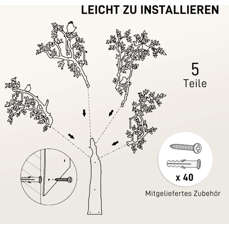 Faumrta Wandgarderobe, Wandmontierter Mantelhaken, Baumdesign mit Vögeln, Schwarz120CM*5CM*175CMSchwarzMetall – Bild 6