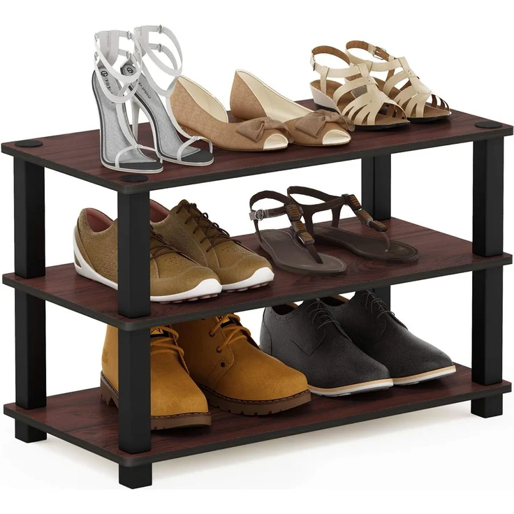 Furinno Regal, Schuhregal mit 3 Ebenen, Dunkle Kirsche/Schwarz, 29. 46x29. 46x39. 12 cm