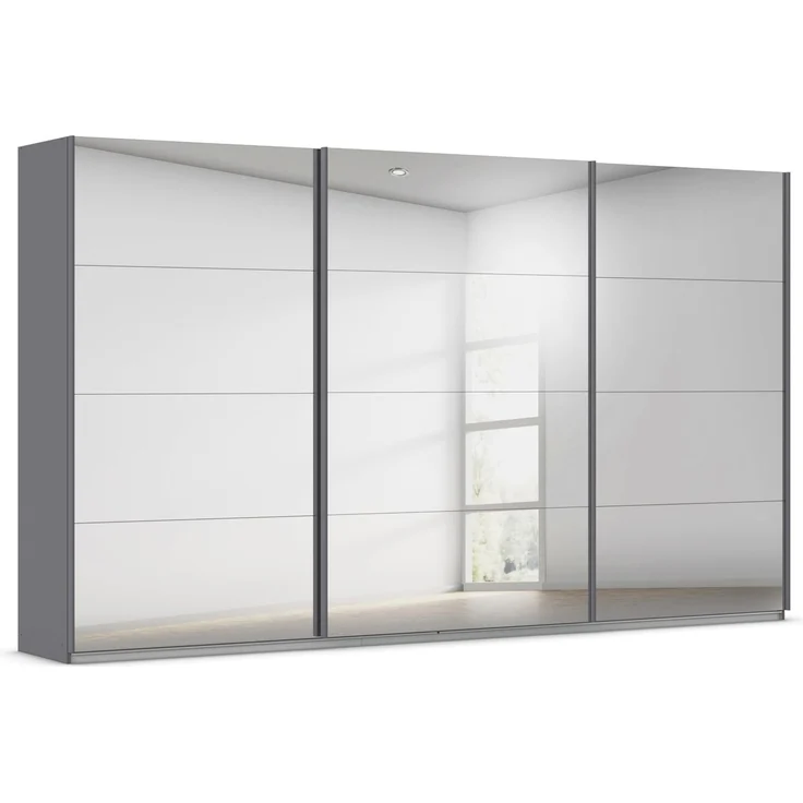 Rauch Möbel Kulmbach, Kleiderschrank mit Schwebetüren für Schlafzimmer, Kinderzimmer, Flur, 3-türig, mit Spiegel und Soft-Close-Funktion, Zubehör Premium, Farbe Grau metallic, Schwarz, Breite 360 cm