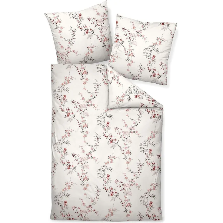 Traumschloss Bettwäsche Premium Baumwolle, Flanell, 2 teilig, Blumenzweige mit rosa Blüten auf weißem Hintergrund