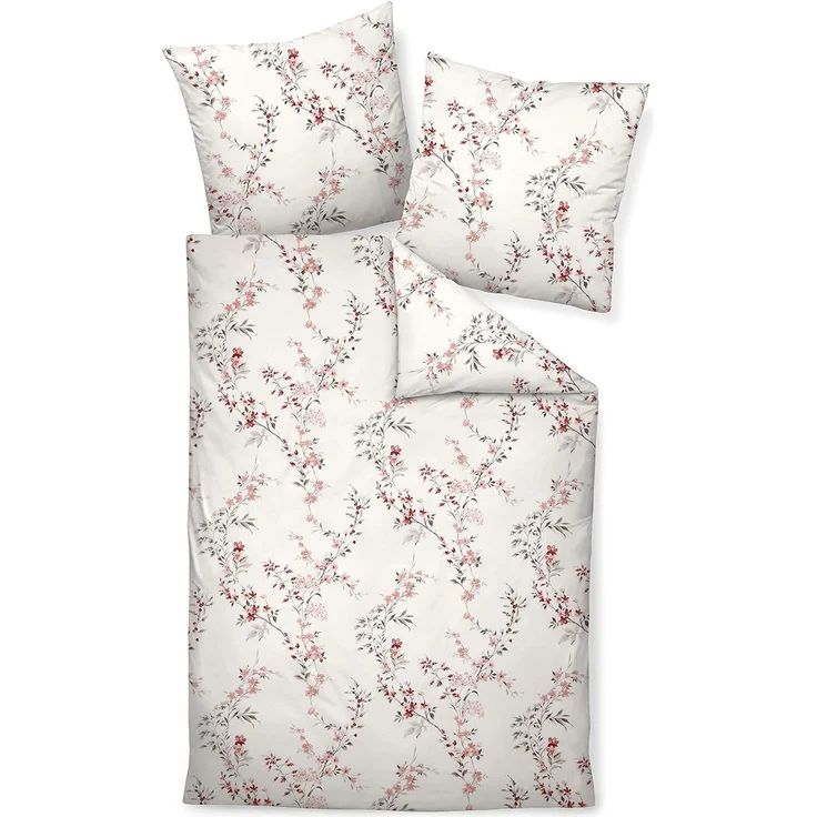 Traumschloss Bettwäsche Premium Baumwolle, Flanell, 2 teilig, Blumenzweige mit rosa Blüten auf weißem Hintergrund – Bild 1