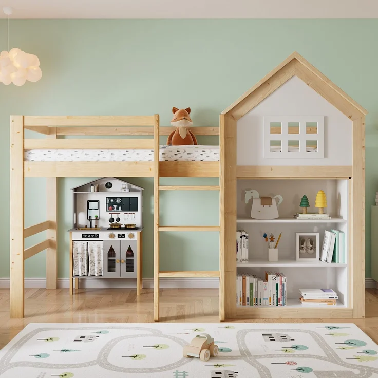 Hochbett mit Bücherregal, Stauraum, Lattenrost und Leiter, 90x200 cm, Schrank mit 2 Klappen und 1 Schublade, Kinderbett mit Rausfallschutz, Kiefer – Bild 2