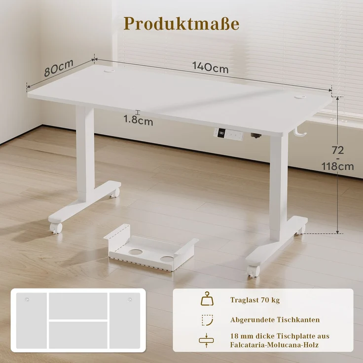 Devoko Höhenverstellbarer Schreibtisch Holzwerkstoff und Metall Weiß 140 x 80 x 72-118 cm – Bild 8
