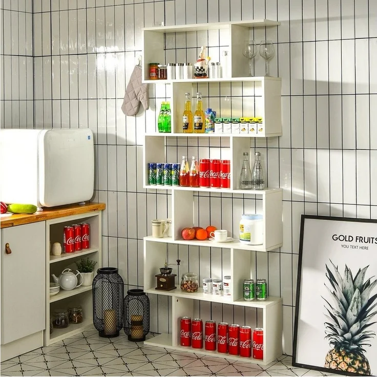 COSTWAY Bücherregal Holz, Standregal mit 6 Ebenen, Aktenregal für Pflanzen & Bücher, Wandregal inkl. Befestigungsmaterial, Aufbewahrungsregal S-Form, Büroregal Farbwahl (weiß) – Bild 1