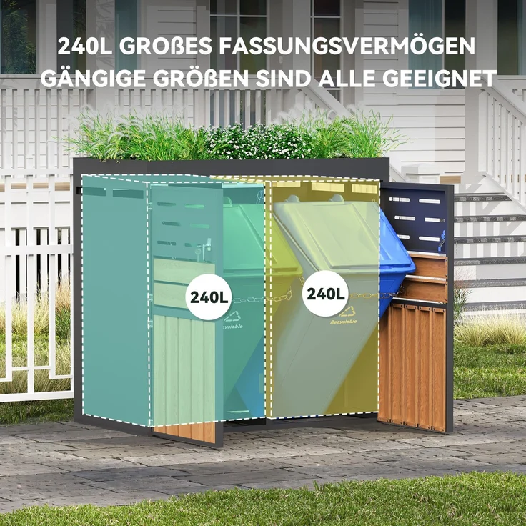 LVHOM Mülltonnenbox 2er mit Pflanzkasten, 2x240 L, Abschließbare Mülltonnenverkleidung aus Stahl für Garten, Anthrazit – Bild 7