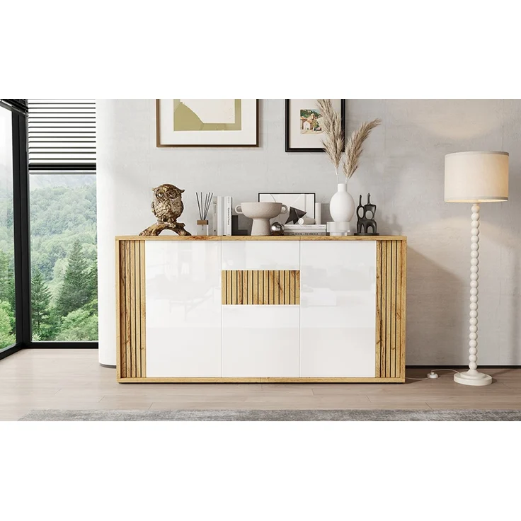 ZUBALIYA Sideboard 140x35x71 cm, mit 3 Türen, aus MDF / Spanplatte, Weiß / Natur – Bild 19