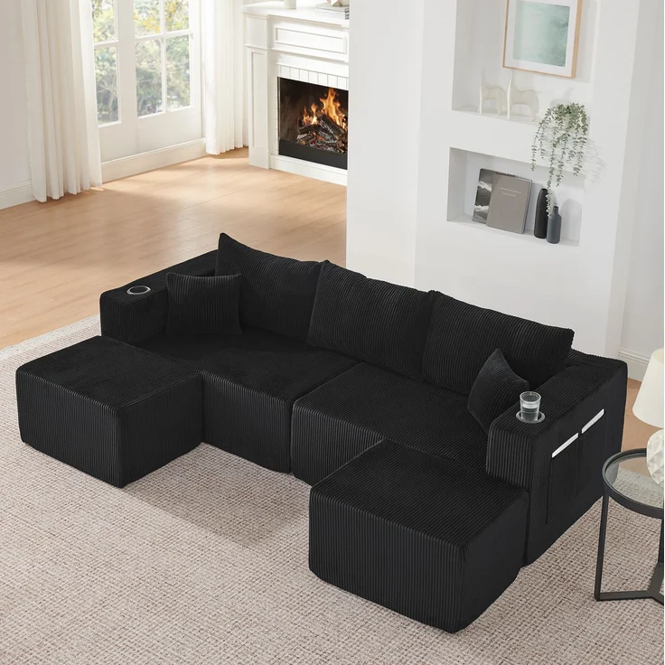 3-Sitzer Ecksofa aus Cordstoff mit beweglichen Ottomanen, Getränkehaltern und Seitentaschen, 230×138×75 cm, Schwarz – Bild 2