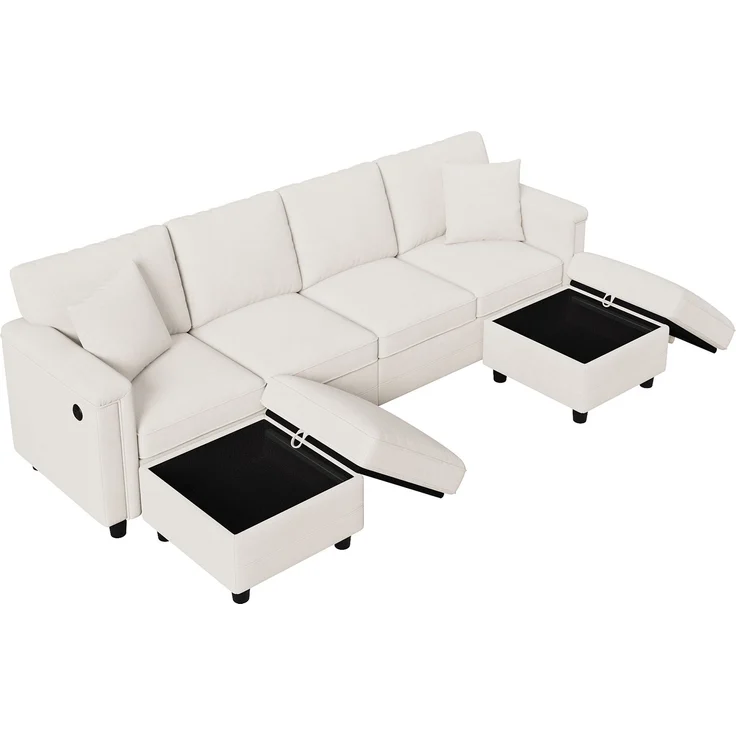 Flieks 4-Sitzer Modulsofa mit 2 Stauraumhockern, USB & USB-C, L- oder U-Form Polstersofa, 261 x 134 x 82 cm, Chenille, Beige – Bild 8