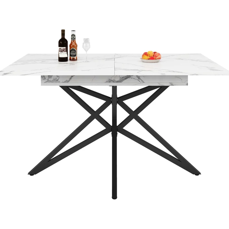Ausziehbarer Esstisch 120/160x80x66,1 cm, weiß, mit sternförmigen Metallbeinen & Marmoroptik – Bild 5