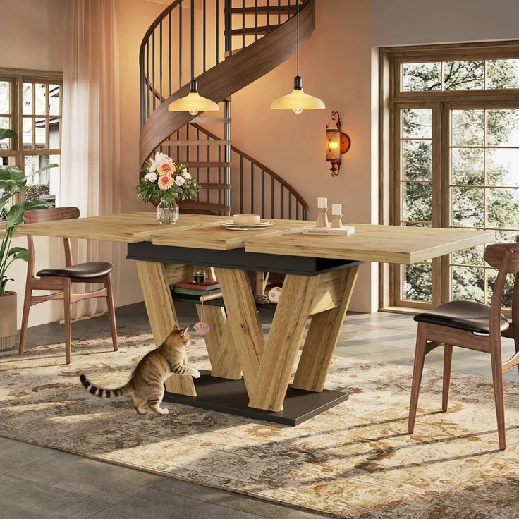 HAUSS SPOLE Esstisch mit Ablagefach,Küchentisch Ausziehtisch mit W-förmigen Beinen,Holz (Flexibler Teleskoptisch mit Stauraum, W-förmige Beine, 1-St, 119-158,5×80cm), Esstisch Teleskoptisch – Bild 3