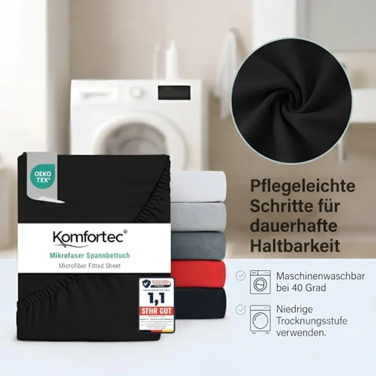 Komfortec Mikrofaser Spannbettlaken 160x200 cm – Weiches Spannbetttuch mit Rundumgummi – Fitted Sheet für Matratzen bis 30 cm – Schwarz – Oeko-Tex – Pflegeleicht & Hautfreundlich – 90g/m² – Bild 8