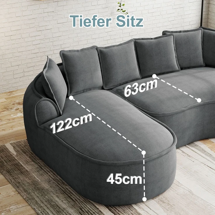 Wohnora-Rahmenloses Sofa, Chenille Stoff Cloud Sofa , L-Form mit extra tiefer Sitzfläche und breiten Armlehnen, mit Chaiselongue & Kissen, kein Aufbau nötig,Grau,H 67cm x T 252cm x B 164cm – Bild 4