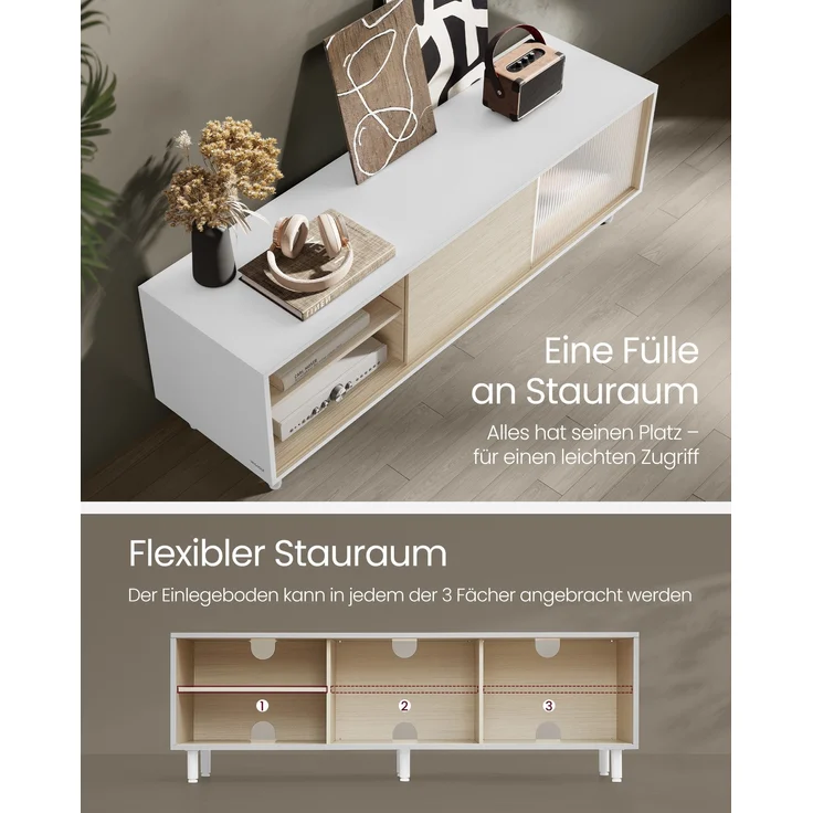 Vasagle TV-Schrank für Fernseher bis zu 60 Zoll, superschnelle Montage, Toolless-Technologie, Fernsehtisch Wohnzimmer, geriffeltes Glas modern, 140 x 39 x 45 cm, wolkenweiß-naturbeige – Bild 4