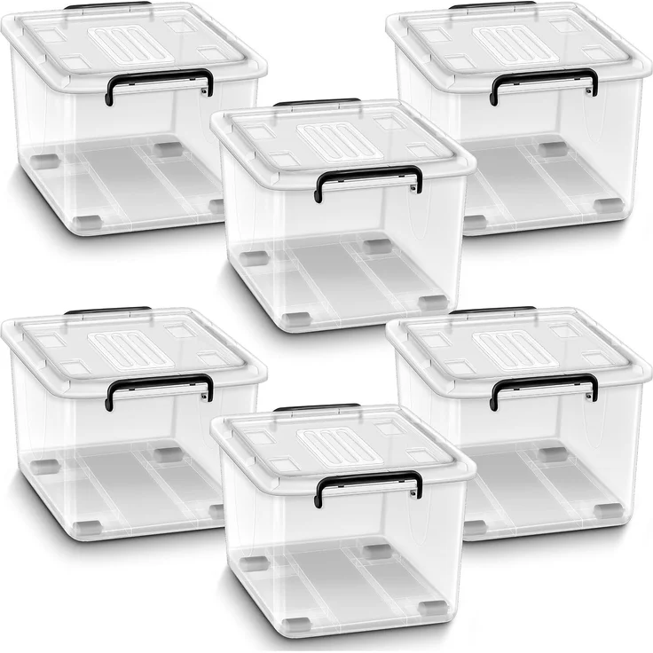 tillvex® Aufbewahrungsboxen mit Deckel 6er Set - 27L, lebensmittelecht | Kunststoff Boxen Set stapelbar | Aufbewahrung Ordnungssystem Box groß | Aufbewahrungsbox Kleiderboxen transparent 100% Neumaterial – Bild 1