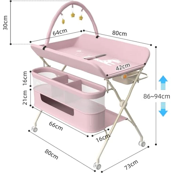 Wickelstation für Baby, Wickeltisch, faltbar, tragbar, Wickeltisch, faltbar, tragbar, mit Aufbewahrungskorb, maximale Belastung von 25 kg,75 x 68 x 83–91 cm (Schwarz) Rosa – Bild 4