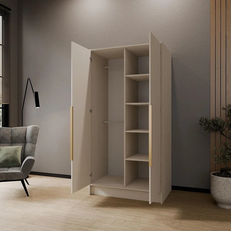 MEBLINI Kleiderschrank LUSINDA 100cm - Kaschmir - mit goldfarbenen Griffen - Drehtürenschrank mit einem Spiegel - Kleiderstangen und Regalböden – Bild 4
