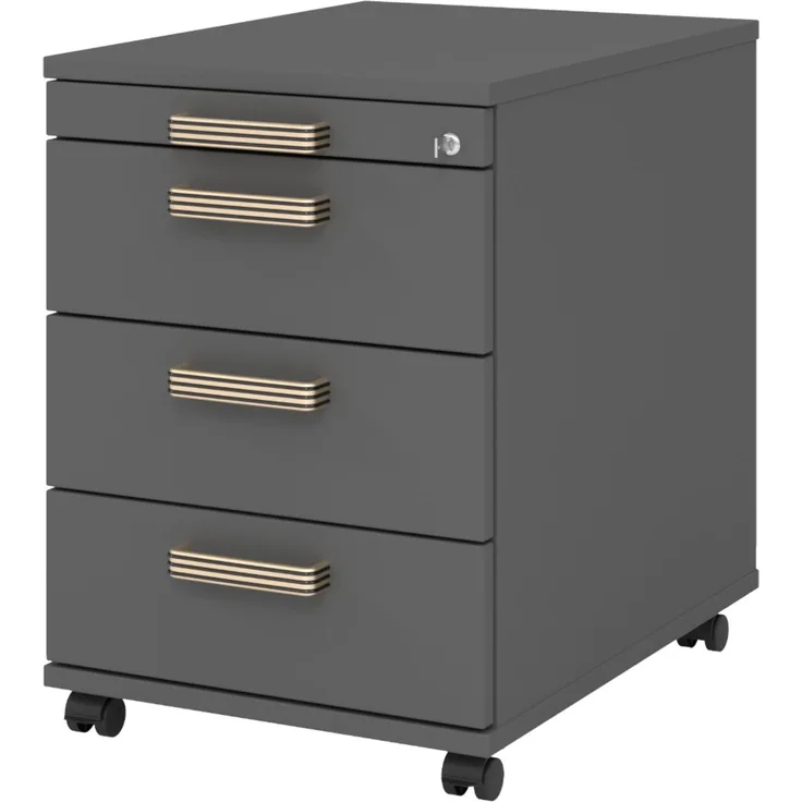 bümö Rollcontainer mit Schubladen, Container abschließbar aus Holz in graphit - Rollwagen für's Büro als Schreibtisch Unterschrank, Bürocontainer od. Schreibtischcontainer mit Streifengriffe, AC30-G-G-SG