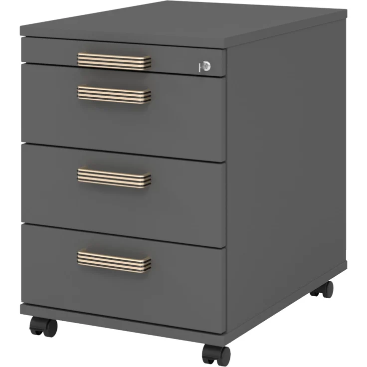 bümö Rollcontainer mit Schubladen, Container abschließbar aus Holz in graphit - Rollwagen für's Büro als Schreibtisch Unterschrank, Bürocontainer od. Schreibtischcontainer mit Streifengriffe, AC30-G-G-SG – Bild 1