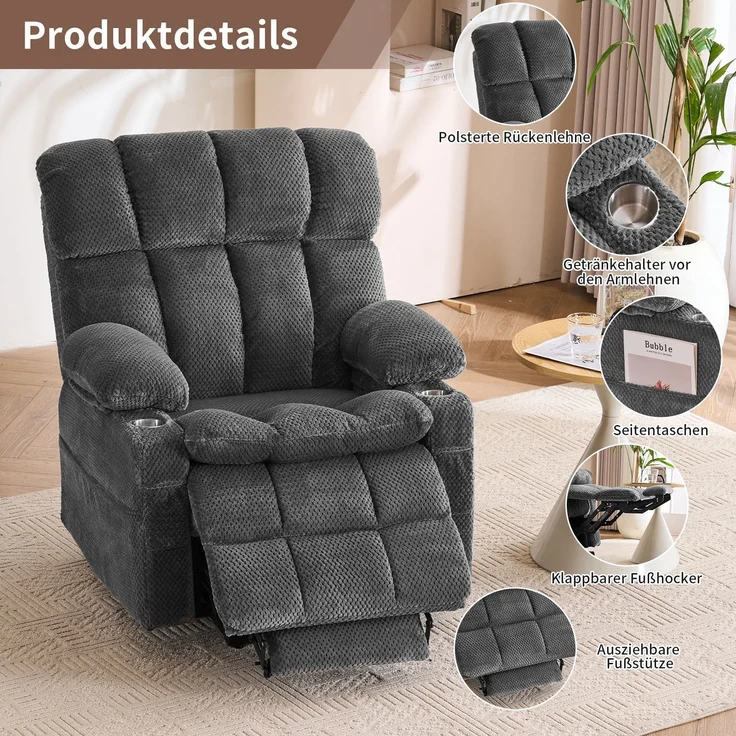 Elektrisch Verstellbarer TV-Sessel mit Zwei Motoren und Aufstehhilfe für das Wohnzimmer, Lesesessel, Liegesessel im Recliner-Stil, multifunktionales Einzelsofa (Grau)--Herde--91x91x106.5cm--YOUDENOVA – Bild 6