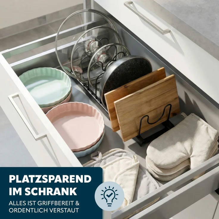 eluno Topfdeckel und Pfannenhalter aus schwarzem Metall ca. 47 x 17 x 14 (B/H/T) – Bild 3