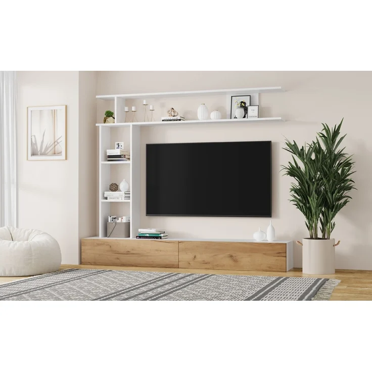 180*35*22.5cm TV Wohnwand-set mit Vitrinen,Mediawand inkl. TV-Board, Standregal und Wandregal,TV Wohnzimmermöbel-Set,TV-Schrank, stehend&hängend,TV bis 80',Weiß + Holzfarbe--Weiß + Eiche--95.99x36.5x16.99cm--YOUDENOVA – Bild 8