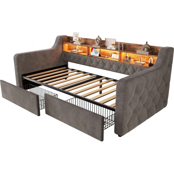 Polsterbett 90x190 cm in Dunkelgrau mit LED, Ablage und 2 Schubladen – Ohne Matratze – Bild 10