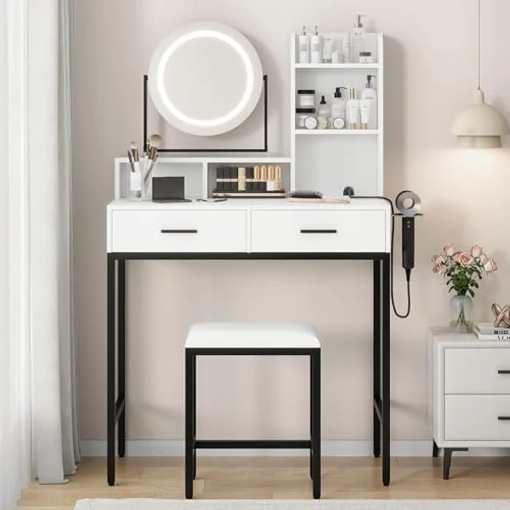 GarveeLife Schminktisch mit LED-Spiegel und Hocker, 5 Fächer, Schminktisch mit Ladestation und Lagerspeichen (2 Schubladen – runder LED-Spiegel, schwarz) – Bild 7