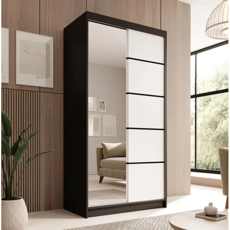 Schiebetürenschrank Schrank Nr. 120 in Schwarz- Weiß matt 100x200x58 cm – Bild 1