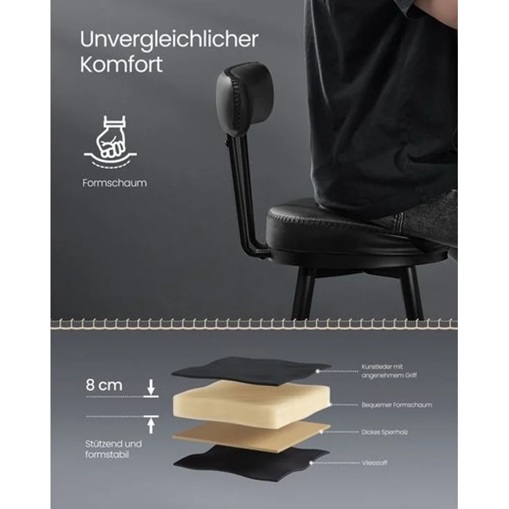 VASAGLE EKHO Kollektion - 360° drehbarer Barhocker, 2er Set, Hocker mit Rückenlehne für Kücheninsel, Kunstleder mit Nähten, Mid-Century-Modern-Stil, 65 cm hoch, Küche, Hausbar, tintenschwarz – Bild 4