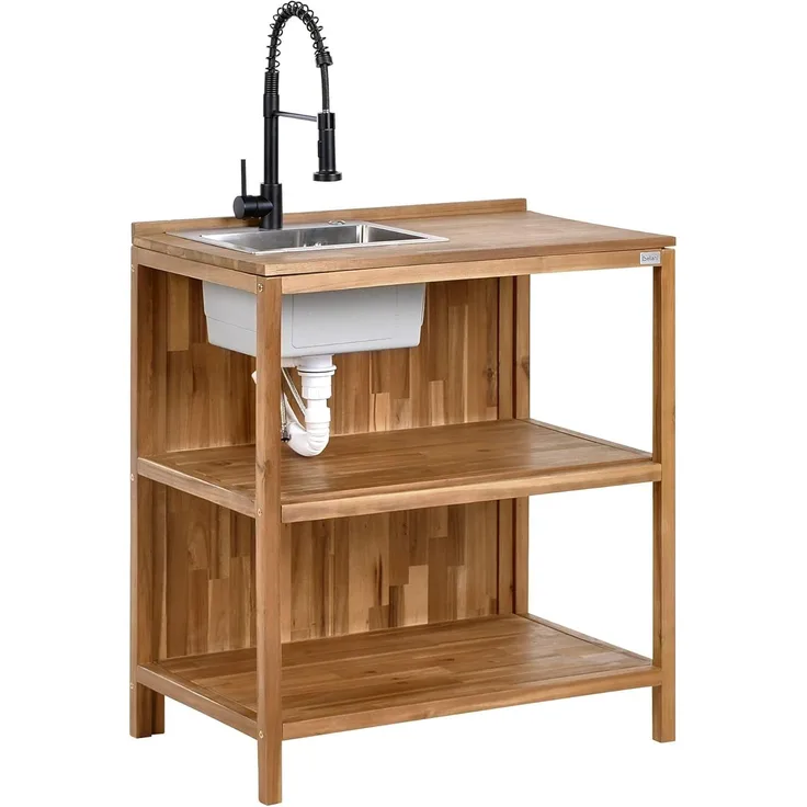 Outdoor-Kücheninsel mit Spüle VENOSA Akazienholz Braun Schwarz Braun