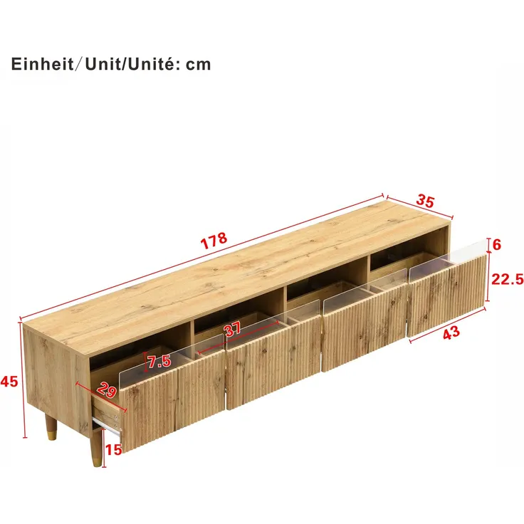 Lowboard mit Schubladen und LED-Beleuchtung, 178/35/45 cm, TV-Schrank, Fernsehtisch, Fernsehschrank für Wohnzimmer, stehend – Bild 5