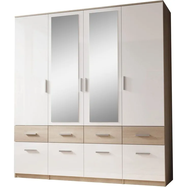 Stella Trading BOX Eleganter Kleiderschrank mit Spiegel & Schubladen - Geräumiger Drehtürenschrank in Sonoma Eiche Optik, Weiß - 180 x 198 x 55 cm (B/H/T)