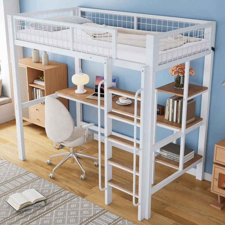 Etagenbett 90×200 cm mit Rausfallschutz, Schreibtisch und Regalen, Weiß/Natur, ohne Matratze – Bild 2