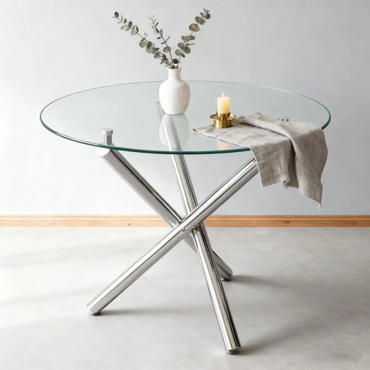 Runder Esstisch 80x80x76 cm aus Glas und Metall, silberfarben, mit stabilem Kreuzfuß – Bild 2