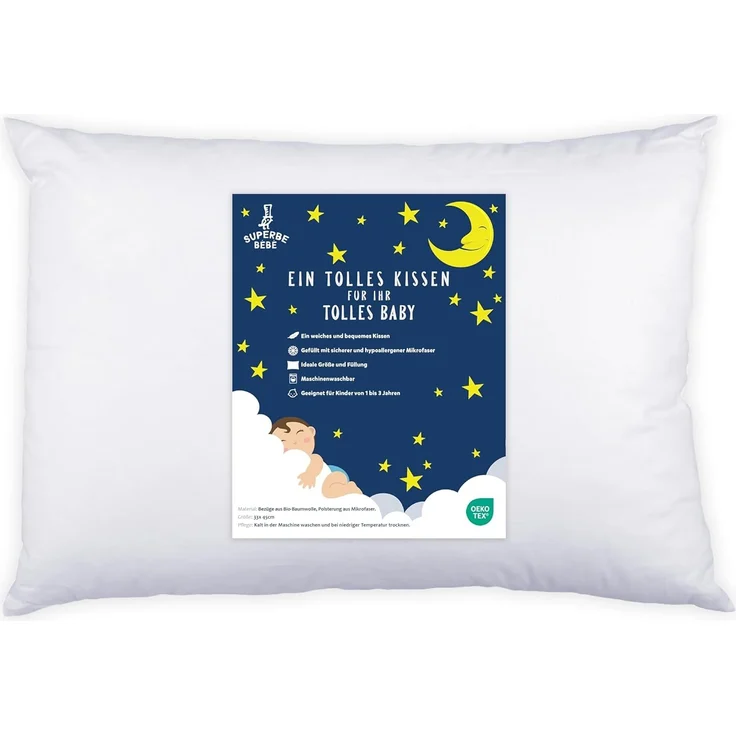 Öko-Tex-Baumwoll-Kinderkissen Weiß - Perfektes Kopfkissen für Kinder von 1 bis 3 Jahren - 33x45 cm Sanftes, hypoallergenes Kissen, leicht zu waschen - Hervorragend für den Schlafbereich und unterwegs