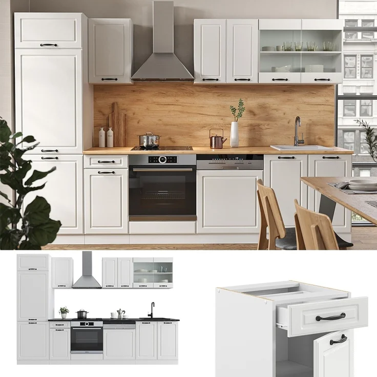 Küchenzeile R-Line Weiß Landhaus/Weiß 300 cm , AP Marmor Vicco – Bild 2