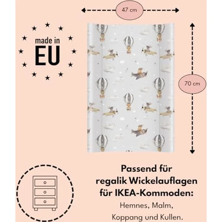Wickelauflage 70x47 cm, Grau mit Tieren – abwaschbar & weich, profilierte Ränder für mehr Sicherheit – Wickeltischauflage für Wickelkommode – Baby Wickelunterlage mit Komfortfüllung – Bild 5