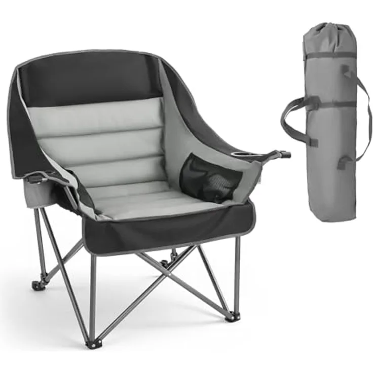 VEVOR Campingstuhl (Übergroß) Faltstuhl 204 kg Belastbar, Anglerstuhl mit Zwei Getränke- und Weinglashaltern, Klappstuhl für Outdoor-Aktivitäten Angeln Grillen, Schwarz & Grau, 1 STK.