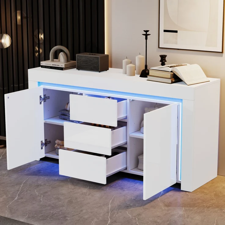 Merax Sideboard, Kommode mit 3 Schubladen, 2 Türen, Hochglanz Beistellschrank mit LED-Lichtleiste, Wohnzimmerschrank mit Stauraum, Weiß – Bild 3